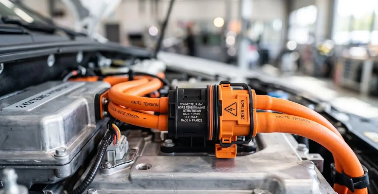 Gros plan sur des câbles haute tension orange et leurs connecteurs électriques dans un compartiment moteur hybride moderne