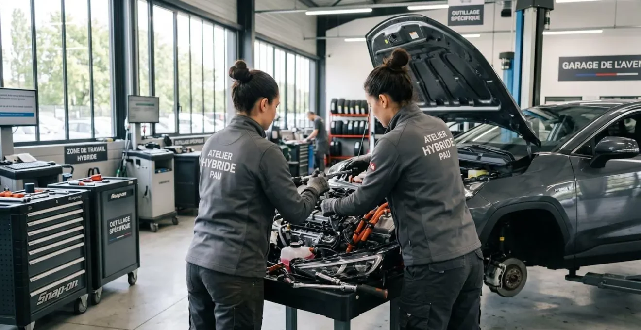 Un mécanicien en combinaison de travail contemporaine vérifie un moteur hybride dans un atelier lumineux, vu de dos
