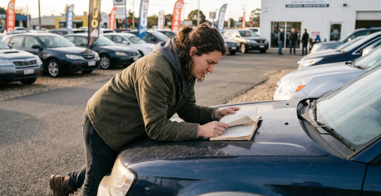 Une personne inspectant le carnet d'entretien et les documents d'une voiture d'occasion sur un capot de véhicule