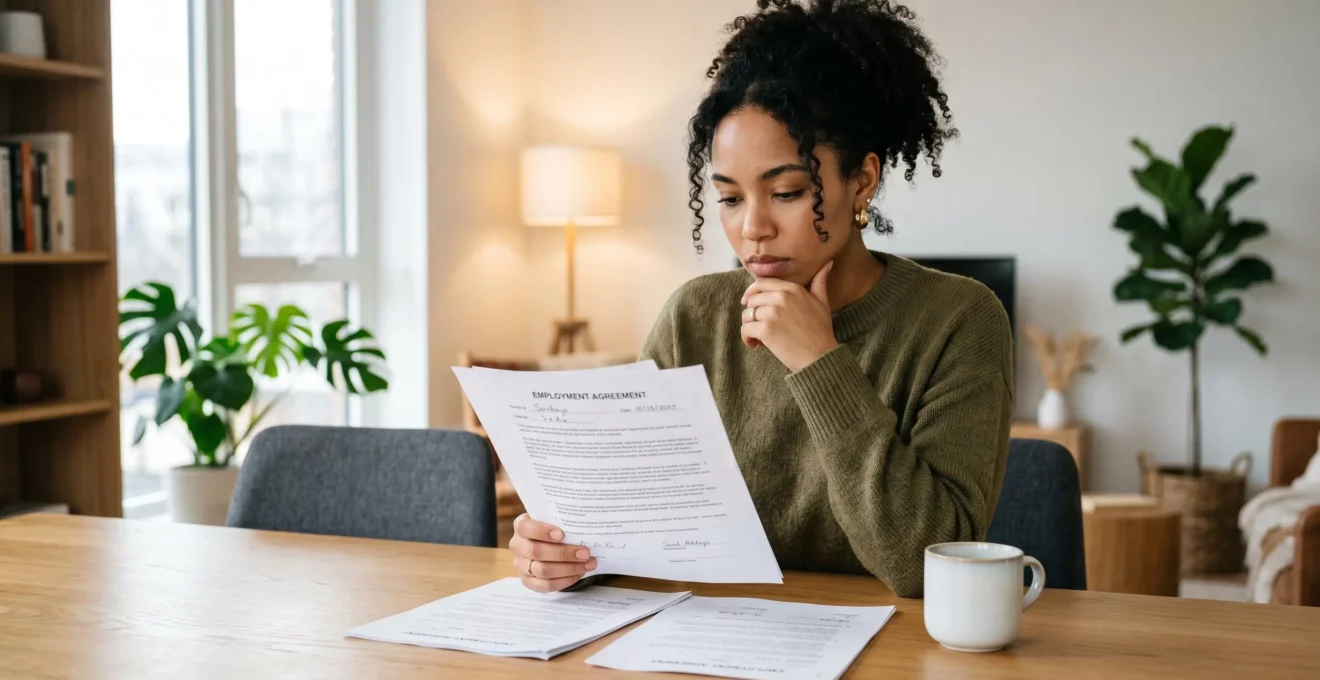 Un acheteur concentré qui relit attentivement un contrat de vente de véhicule d'occasion avant de signer