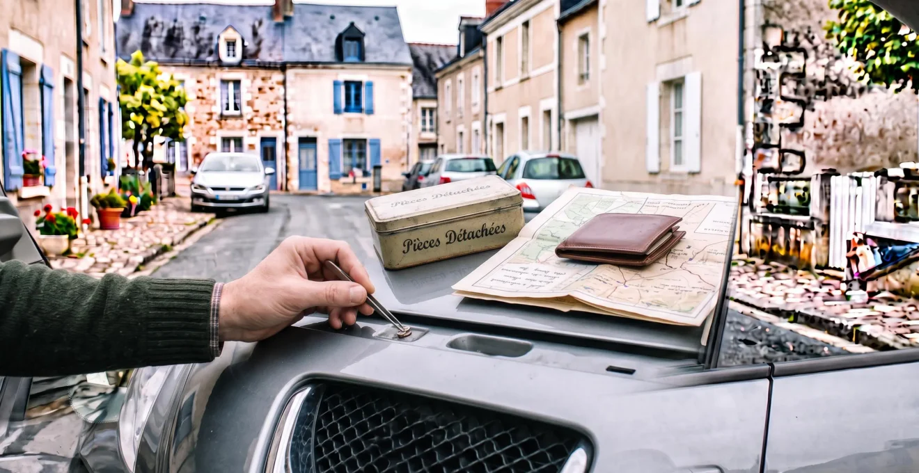 Un automobiliste assis au volant de sa voiture consulte le carnet d'entretien du véhicule, portière ouverte.