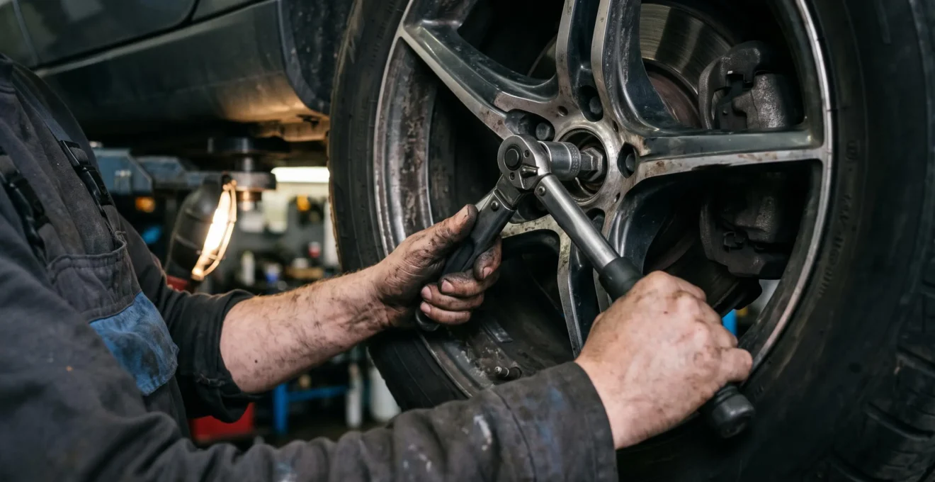 Les mains d'un technicien serrant un boulon de roue avec une clé dynamométrique sur un véhicule surélevé.