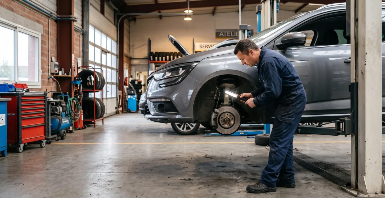 Un technicien inspecte le train avant d'une voiture surélevée sur un pont élévateur dans l'atelier d'une concession automobile.