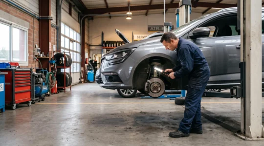 Un technicien inspecte le train avant d'une voiture surélevée sur un pont élévateur dans l'atelier d'une concession automobile.