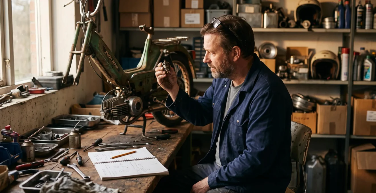 Un mécanicien examine une pièce métallique face à la lumière dans son garage.