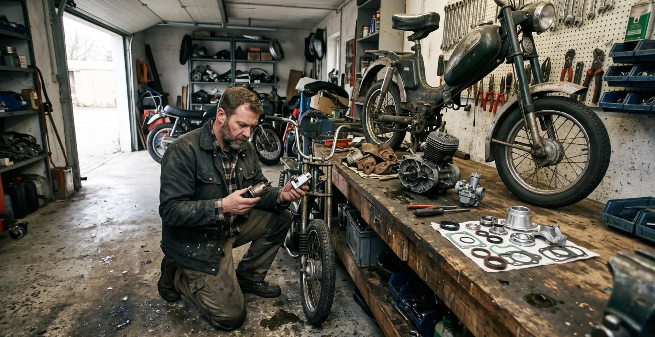 Un restaurateur compare des pièces détachées de Solex posées sur l'établi d'un garage.