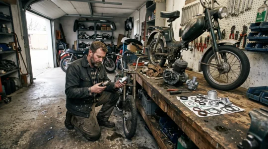 Un restaurateur compare des pièces détachées de Solex posées sur l'établi d'un garage.